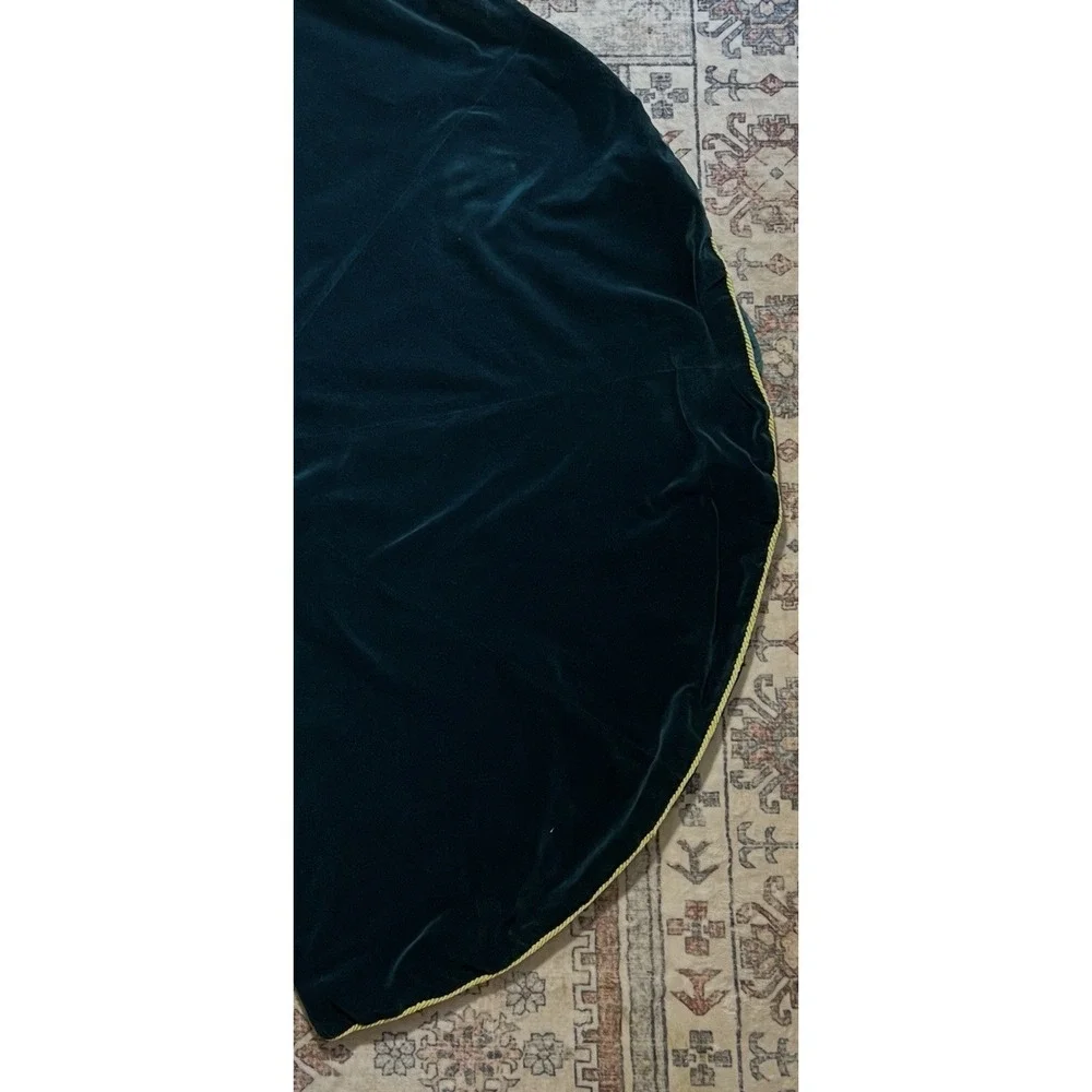 Handmade Christmas Tree Skirt 48in Velvet Fabric Dark Blue Green Gold Trim